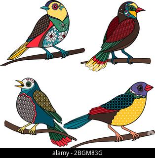 Hand drawn birds. Colored birds with floral patterns on white background. Vector illustration Stock Vector