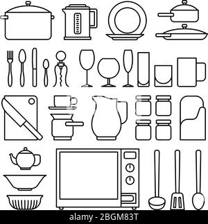 Line kitchen icons. Kitchen utensils for cookingblack thin line images on white background. Vector illustration Stock Vector