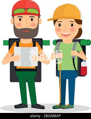 Hiking couple vector illustration. Couple of backpackers for camping in forest Stock Vector