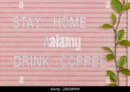 Lettreing booard with quote stay home and drink coffee decorated with spring branch with green fresh leaves. Spring motivation background Stock Photo