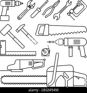 Tools thin line black icons on white background. Tools like screwdriver, drill, saw and hammer. Vector illustration Stock Vector