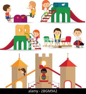 Children playing in the playground. Kids playground on white backgrouns. Vector illustration Stock Vector