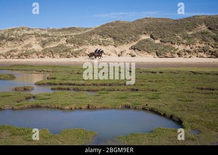 Pools and grass in overflow area of Ogmore river with two horses ridden past Stock Photo