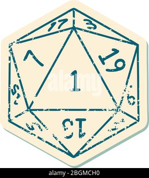 Retro Tattoo Style natural 1 D20 dice roll Stock Vector