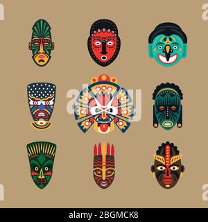 Ethnic mask icons or inca flat masks. Tribal ethnic masks vector illustration Stock Vector