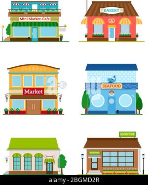 Shop store facade set. Bakery and bookstore, cafe and market Stock Vector