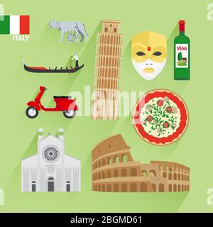 Italy landmarks flat icons. Leaning tower and Venetian mask, Coliseum and pizza Stock Vector
