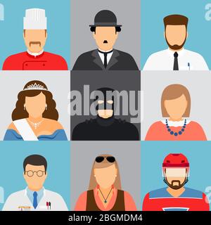 Male and female avatar faces. Princess and chef, doctor and business woman Stock Vector