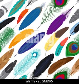 Vector feathers seamless background. Pattern with colored feathers on white background Stock Vector