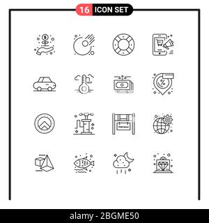 Set of 16 Modern UI Icons Symbols Signs for roadster, online, safety, discount, mobile Editable Vector Design Elements Stock Vector