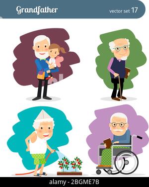 Grandfather cartoon vector character. Elderly man in wheelchair and hearty old man Stock Vector