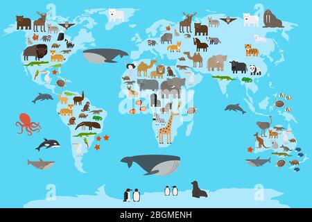 Animals world map. Animals living in different parts of the planet guide. Vector illustration. Stock Vector