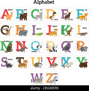 English animals zoo alphabet. Preschool kids education. Vector illustration. Stock Vector