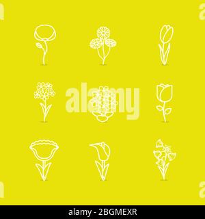 Outline stylized leaves and flowers. Line white images on yellow background. Vector illustration. Stock Vector
