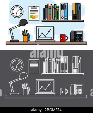 Workspace and office thin line concept. Workspace and office outline desk items. Vector illustration Stock Vector