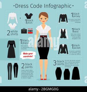 Business woman clothes infographics. Female Business dress code. Vector illustration Stock Vector