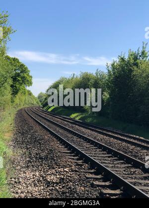 vertical tree lined empty train track clean of markings  leading bend  in the country side  blue sky for copy space idea for poster or text overlay Stock Photo