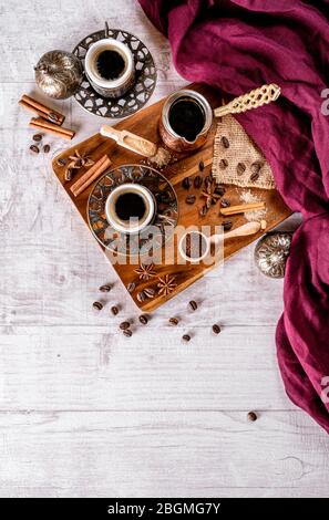 Assorted turkish coffees  arabic traditional coffee table setup Stock Photo