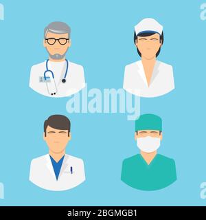 Doctor and nurse icons. Medical staff colorful flat avatars on light blue background. Vector illustration Stock Vector