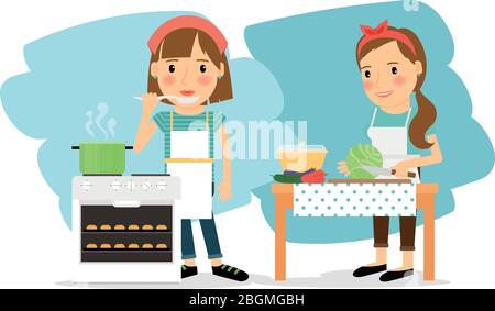Mother cooking dinner in the kitchen cutting vegetables and stewing on the stove. Vector illustration. Stock Vector