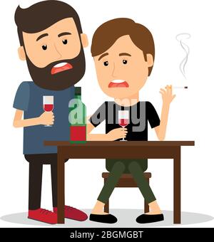 Two drunk men at the table with bottle, drinking and smoking. Vector illustration Stock Vector