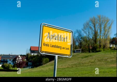 Town Sign Apfeldorf Village, Bavaria, Germany Stock Photo