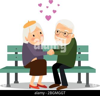 Senior couple in love. Elderly people siiting on bench together. Vector illustration. Stock Vector