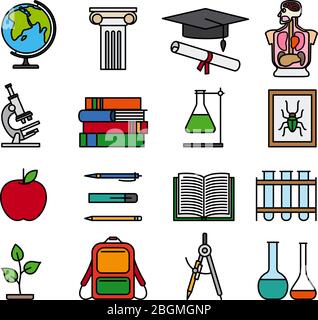 Education color line icons. Outline colored images of books, flasks, backpack and study materials. Vector illustraton Stock Vector