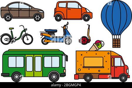 City transport set of colorful flat linear icons on white background. Images of cars, bus, scooter, bike and aerostat. Vector illustration Stock Vector