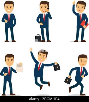 Lawyer or attorney cartoon character in different poses with case and document and sellphone. Vector illustration. Stock Vector