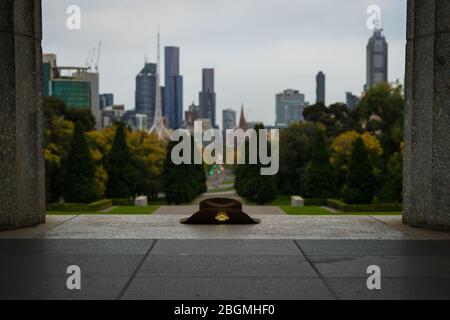 ANZAC Day is a time of year that Australians and New Zealanders come together and remember their fallen. Covid-19 lockdowns will mean that the Shrine Stock Photo