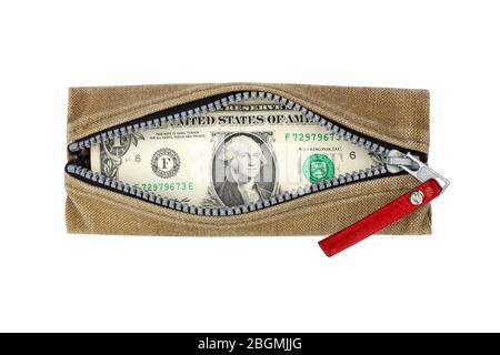 One us dollar banknotes in open wallet with zipper on white background isolated close up top view, 1 american dollar bills in purse with zip, cash Stock Photo
