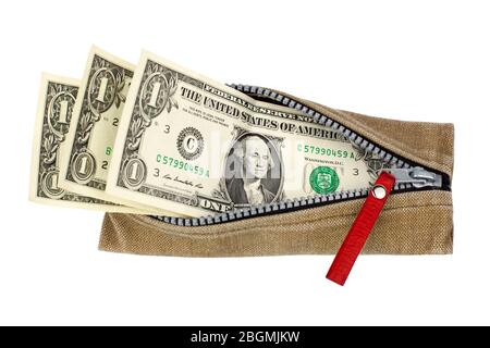 One us dollar banknotes in open wallet with zipper on white background isolated close up top view, 1 american dollar bills in purse with zip, cash Stock Photo