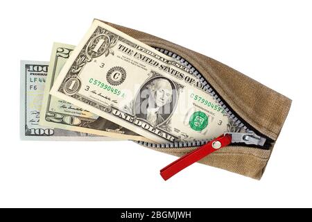 Us dollar banknotes in open wallet with zipper white background isolated close up top view, different american dollar bills in purse with zip, cash Stock Photo