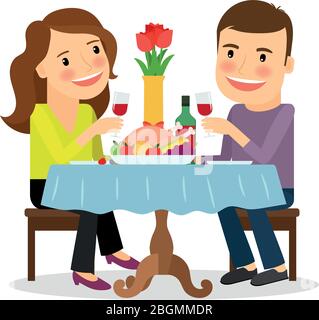 Couple having dinner in a restaurant. Romantic date colorful icon on white background. Vector illustration Stock Vector