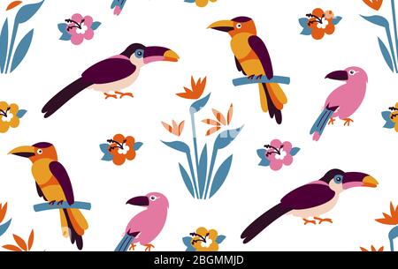 Pattern of tropical birds. Bright exotic tropical birds. Macaw, Cockatoo, flamingo, toucan. Vector. Stock Vector