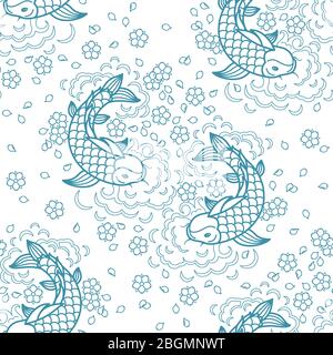 Koi chinese carp seamless pattern. Vector blue background with fish Stock Vector