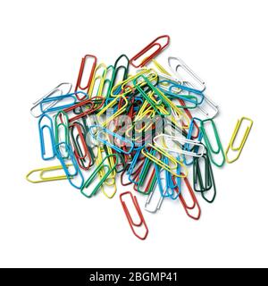 Heap of multi colored paperclips close up isolated on white background Stock Photo