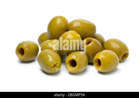 Pitted green olives as an ingredient for cooking isolated on white background Stock Photo