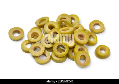 Slices green olive rings as an ingredient for cooking isolated on white background Stock Photo