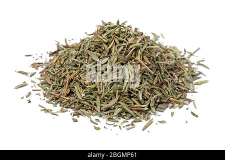 Heap of dried Thyme close up isolated on white background Stock Photo