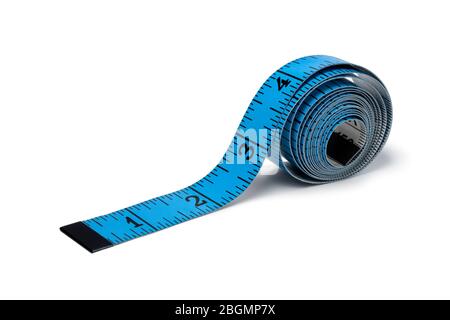 Blue measuring tape in inches close up isolated on white background Stock Photo