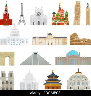 Monuments modern flat icons. Pagoda and Reichstag, Taj Mahal and Leaning Tower of Pisa Stock Vector