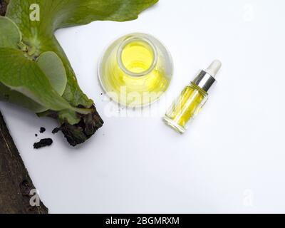 Yellow cosmetic color (oil). Chemicals for beauty care arranged in natural form in a white background. (Top View) Stock Photo