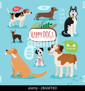 Vector cartoon hand drawn dogs with speech bubbles Stock Vector