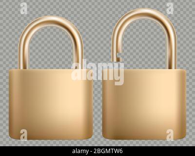 Padlock icon set. Steel and gold lock for protection privacy, web and mobile apps. Isoated on transparent background. Closed and open. Abstract Stock Vector