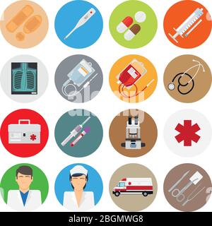 Medical flat icons. Doctor, nurse and medical devices Stock Vector