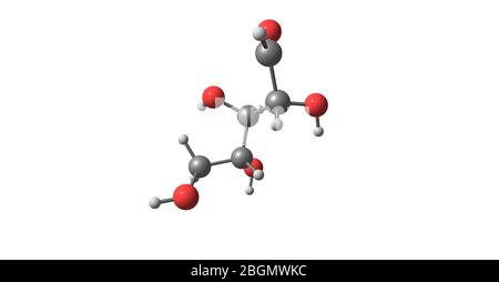 Ribose is a carbohydrate with the formula C5H10O5. Ribose is a pentose monosaccharide or simple sugar. 3d illustration of ribose molecular structure Stock Photo