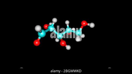 Ribose is a carbohydrate with the formula C5H10O5. Ribose is a pentose monosaccharide or simple sugar. 3d illustration of ribose molecular structure Stock Photo