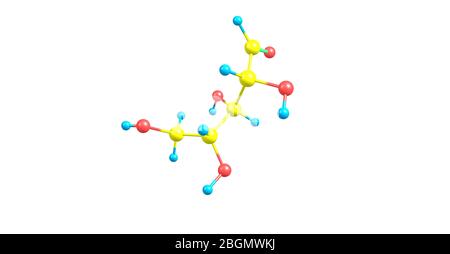 Ribose is a carbohydrate with the formula C5H10O5. Ribose is a pentose monosaccharide or simple sugar. 3d illustration of ribose molecular structure Stock Photo